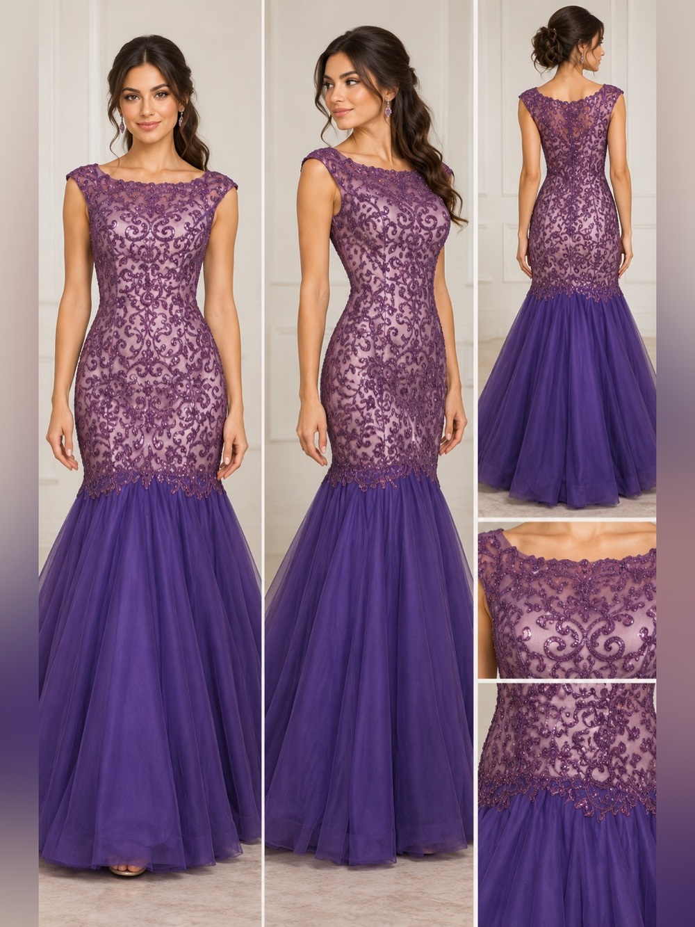 NWT Madison James Purple Sequin Lace Mermaid Prom Gown Size 8